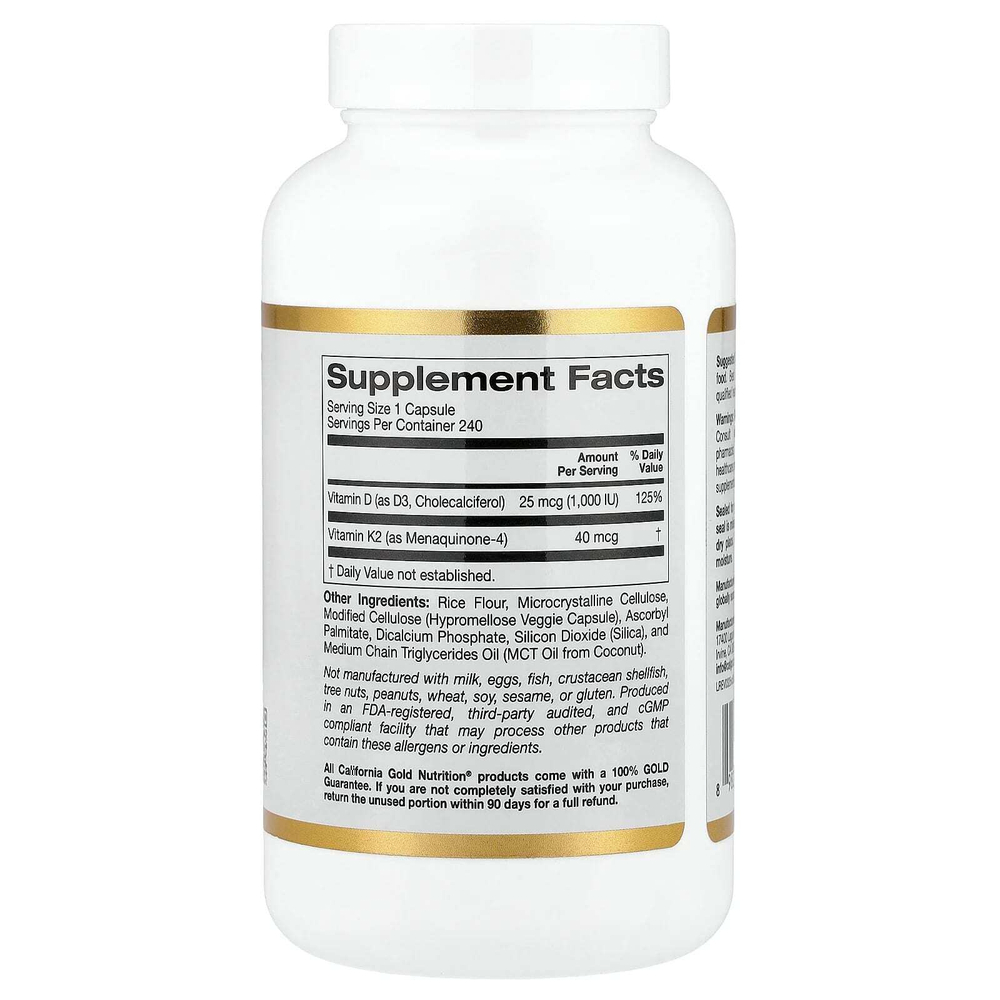 California Gold Nutrition, витамины D3 и К2, 240 растительных капсул