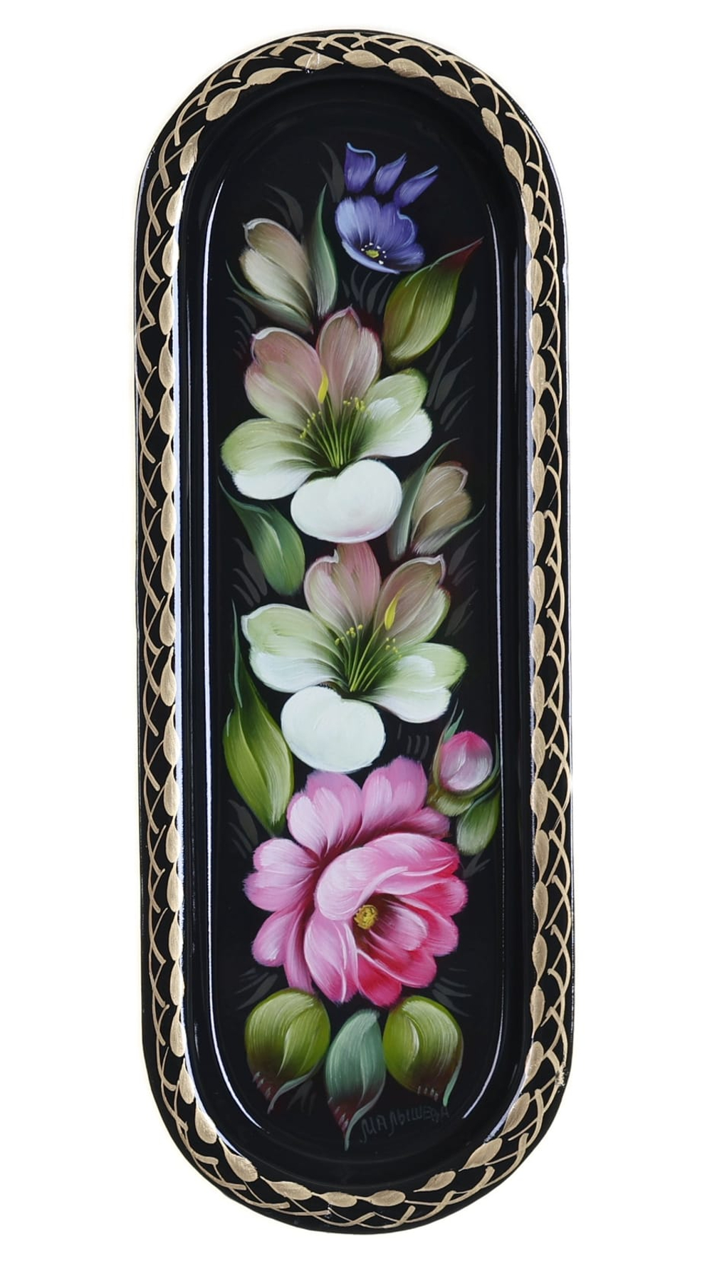 Жостовский поднос декоративный, размер 21х8 см (A4), металлический