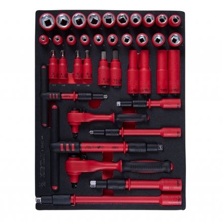 Цена на KING TONY (9-55VE01MRV) Набор торцевых диэлектрических головок с принадлежностями 1/4", 3/8", шестигранные, 5-19 мм, ложемент, 38 предметов