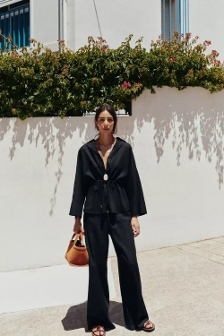 ZARA РУБАШКА САФАРИ ИЗ ЛЬНА, ЧЕРНЫЙ