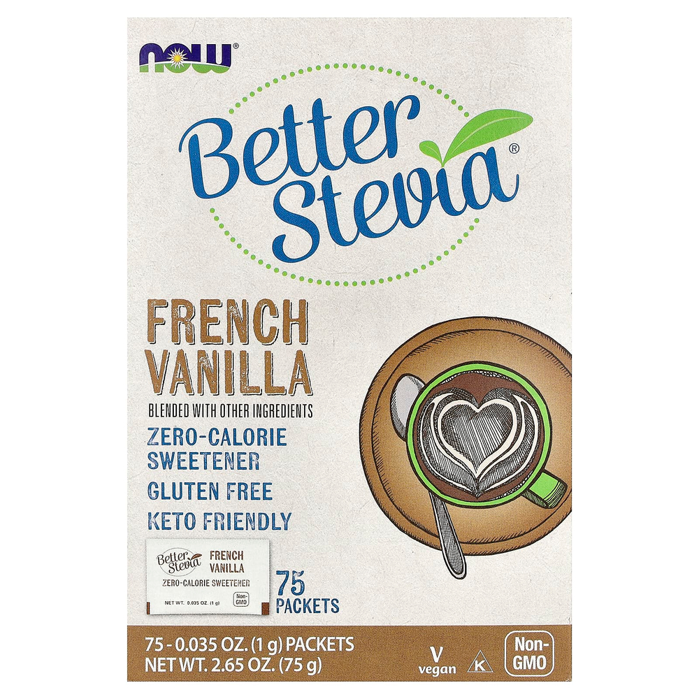 NOW Foods, BetterStevia®, низкокалорийный подсластитель, французская ваниль, 75 пакетиков по 1 г (0,035 унции)