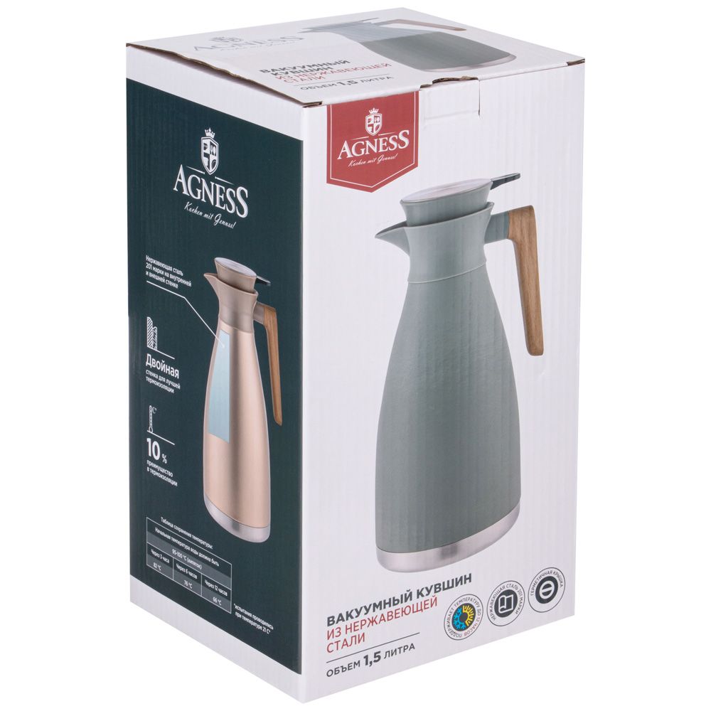 ВАКУУМНЫЙ КУВШИН (ТЕРМОС) AGNESS ИЗ НЕРЖ.СТАЛИ 1,5Л ЦВЕТ СЕРЕБРО
