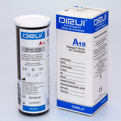 Уристик (Dirui) A10, Глюк.,Бел., рН,кровь, Кет.,Бил.,Уробил.,Нитр.,Уд.вес,Лейк., 100 пол./уп, D0201