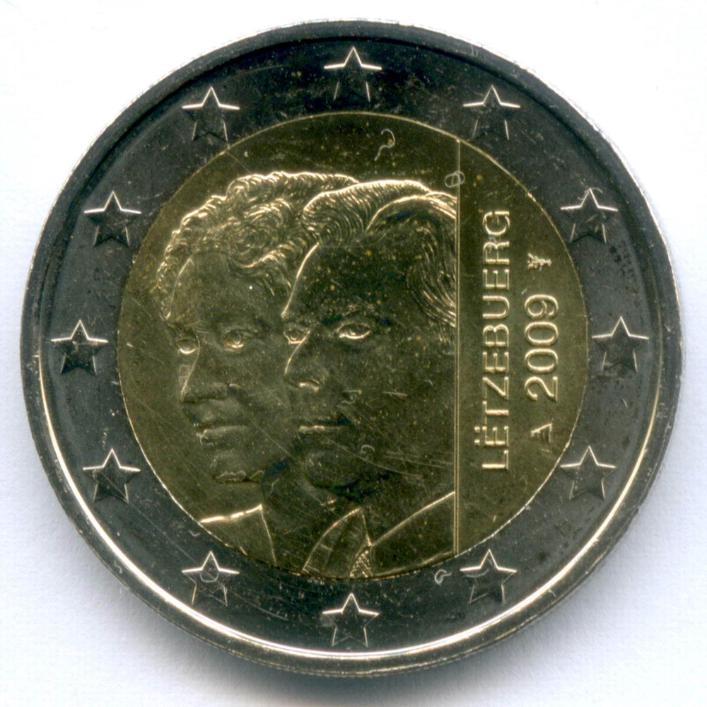 2 евро 2009 год. Люксембург. 90 лет вступлению на престол Герцогини Шарлотты. Биметалл UNC