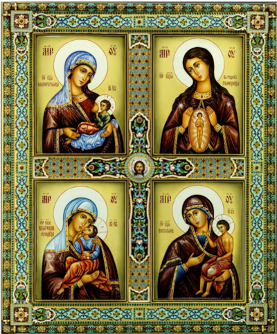 Материнство Четырехчастная икона Божией Матери деревянная на левкасе