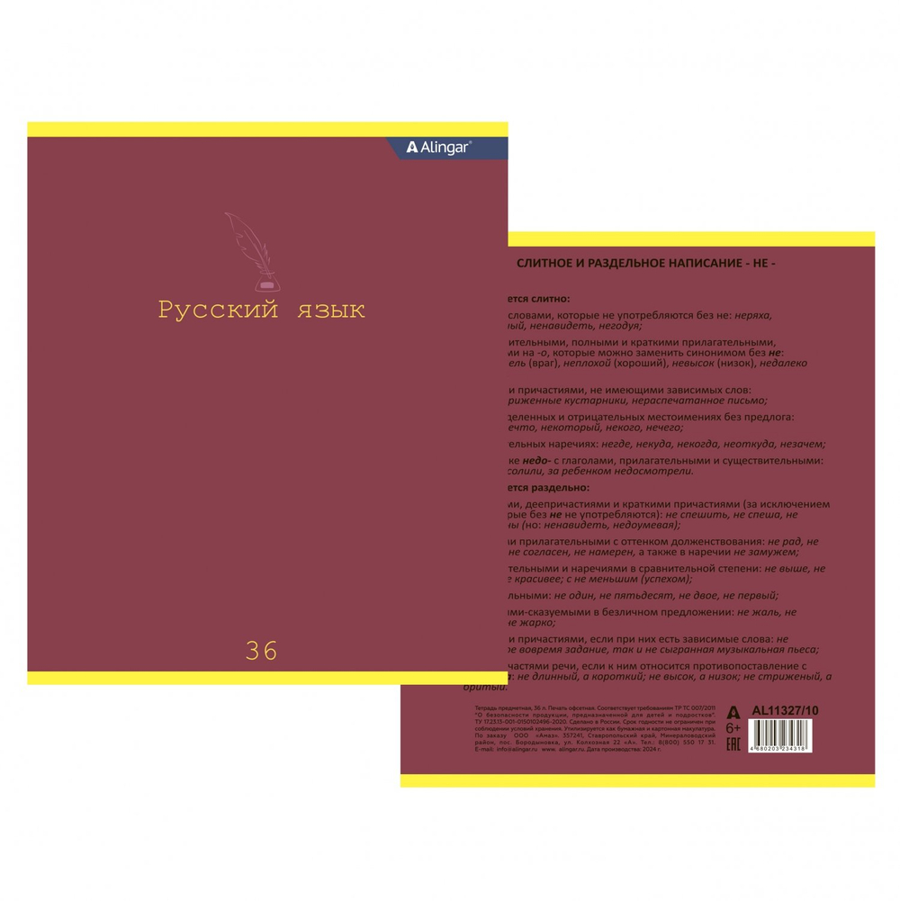 Тетрадь предметная 36л. А5 "Русский язык" со справочным материалом, скрепка, мелованный картон (стандарт), блок офсет, Alingar "Classic"