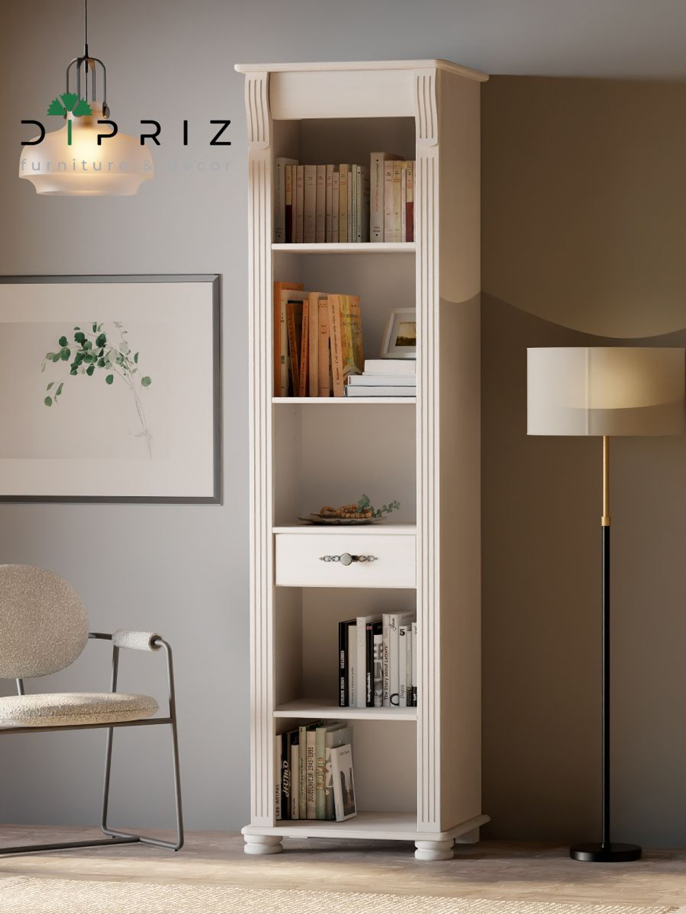 Шкаф витрина, 54х42х195, Susanna, сервант для посуды, стеллаж для книг, деревянная, белый, MAKOSA