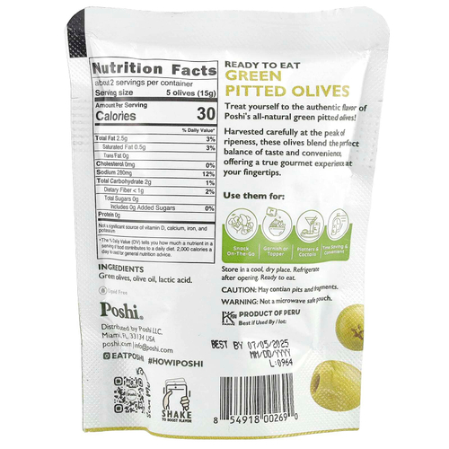 Poshi, Snacks, зеленые оливки премиального качества, оригинальные, 30 г (1,1 унции)