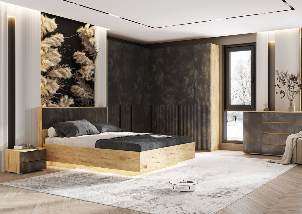 Кровать двухспальная 160х200 парящая с ортопедическим основанием Браш Графит/Дуб Крафт