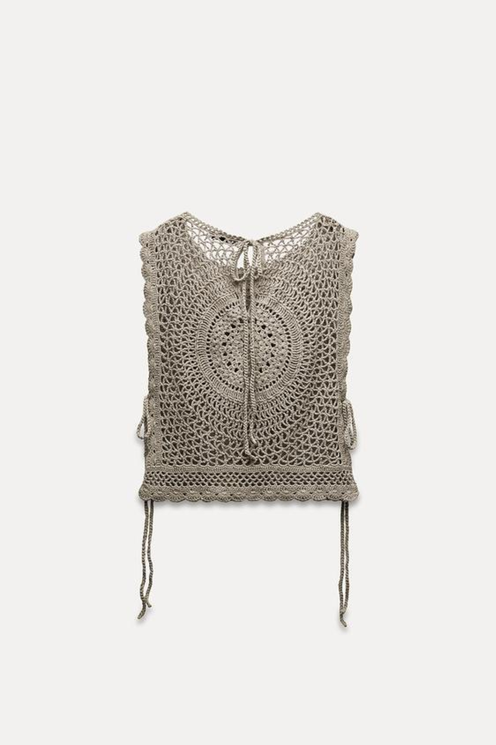 ZARA ТРИКОТАЖНЫЙ ТОП ИЗ КРУЖЕВА КРОШЕ С ЗАВЯЗКАМИ, ЛИНЯЛЫЙ ЗЕЛЕНЫЙ