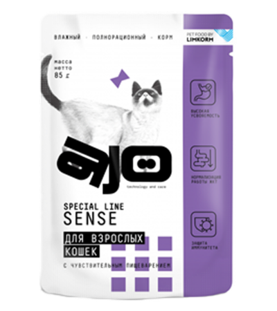 AJO Cat Sense Кусочки в соусе для кошек с чувствительным пищеварением 85гр.