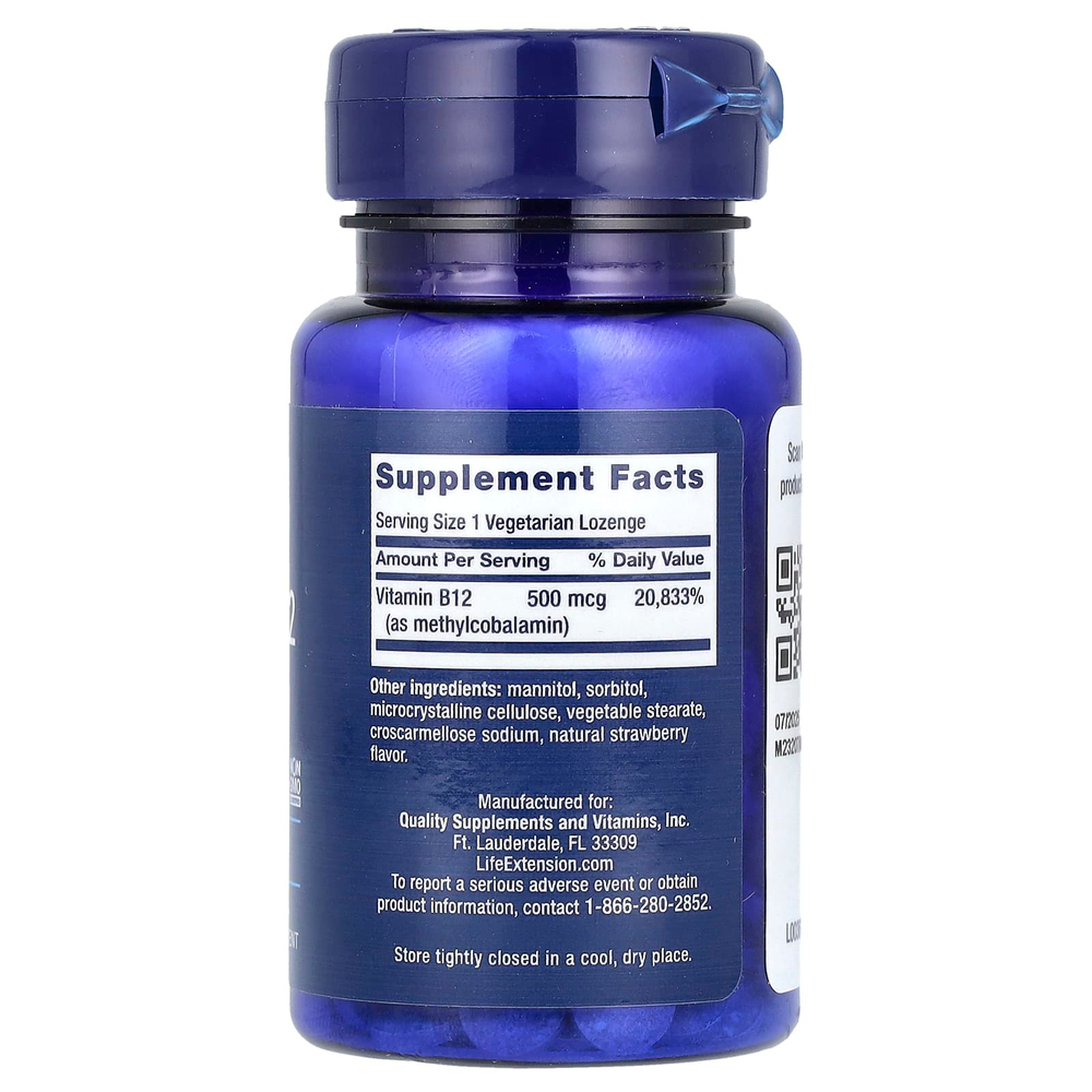 Life Extension, витамин B12, метилкобаламин, 500 мкг, 100 вегетарианских пастилок