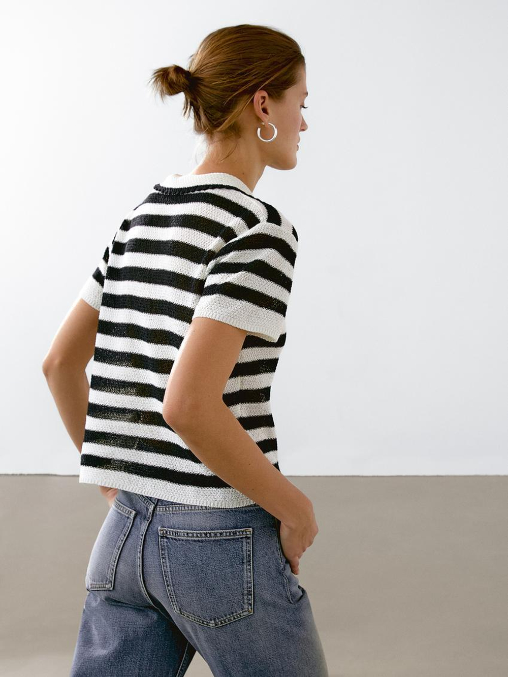 Massimo Dutti Свитер поло из смесового хлопка в полоску, черный