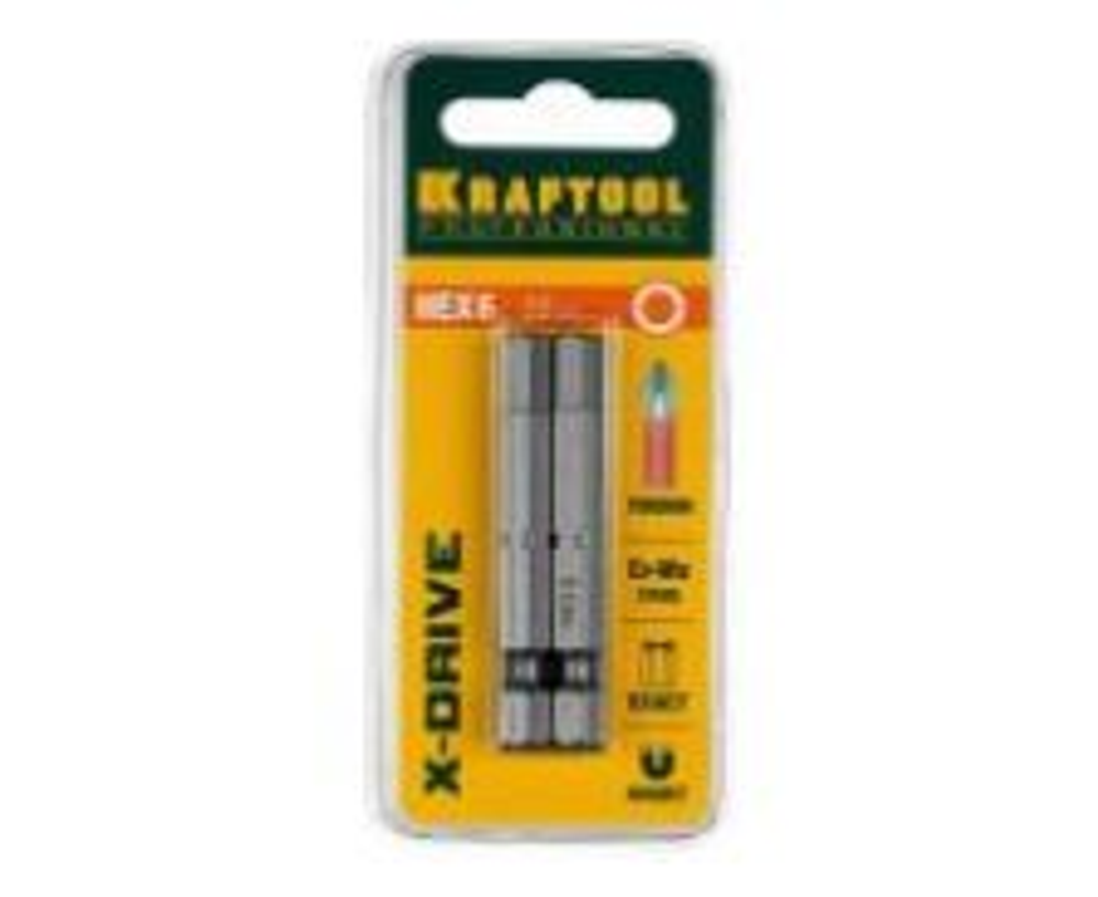 Биты KRAFTOOL "ЕХPERT" торсионные кованые, обточенные, Cr-Mo сталь, тип хвостовика E 1/4", HEX4, 50м