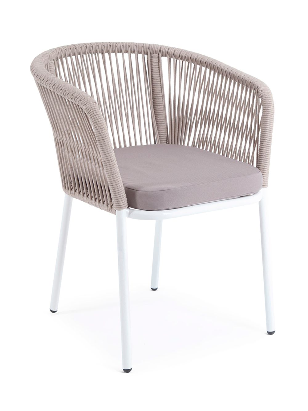 "Марсель" стул плетеный из роупа, каркас алюминий белый муар, роуп бежевый круглый, ткань бежевая 035