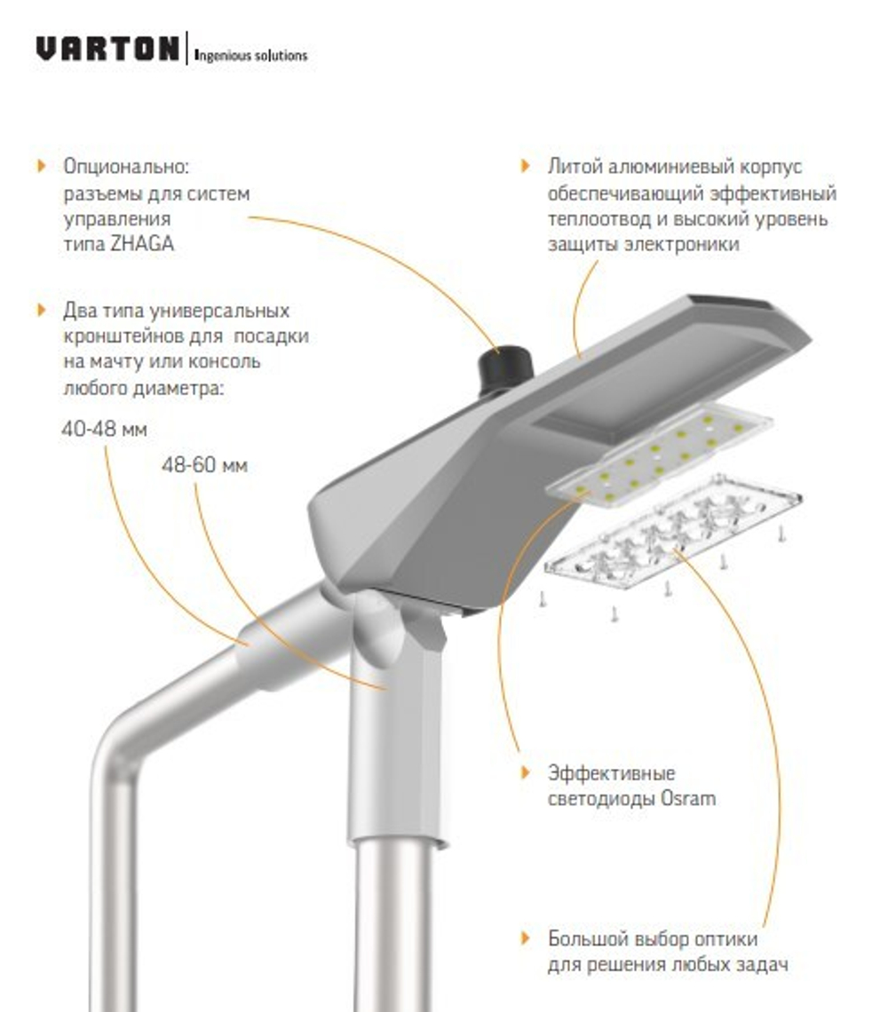 Светодиодный светильник VARTON уличный Levante Road 50Вт кронштейн 48 мм 3000 K серый RAL7045 муар