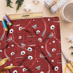 Ткань атлас мелкие снегири, цветы и птичьи клетки на бордовом фоне