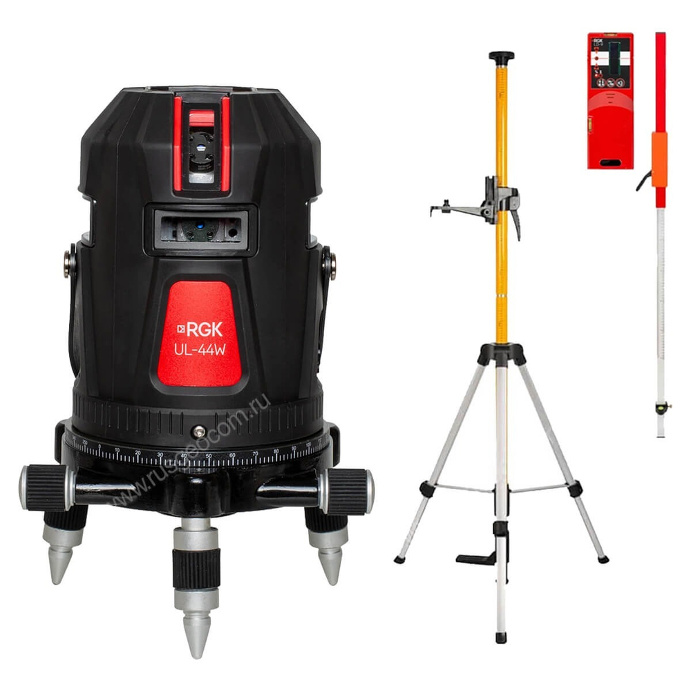 Комплект: лазерный уровень RGK UL-44W Black с калибровкой + штанга-упор, приемник, рейка