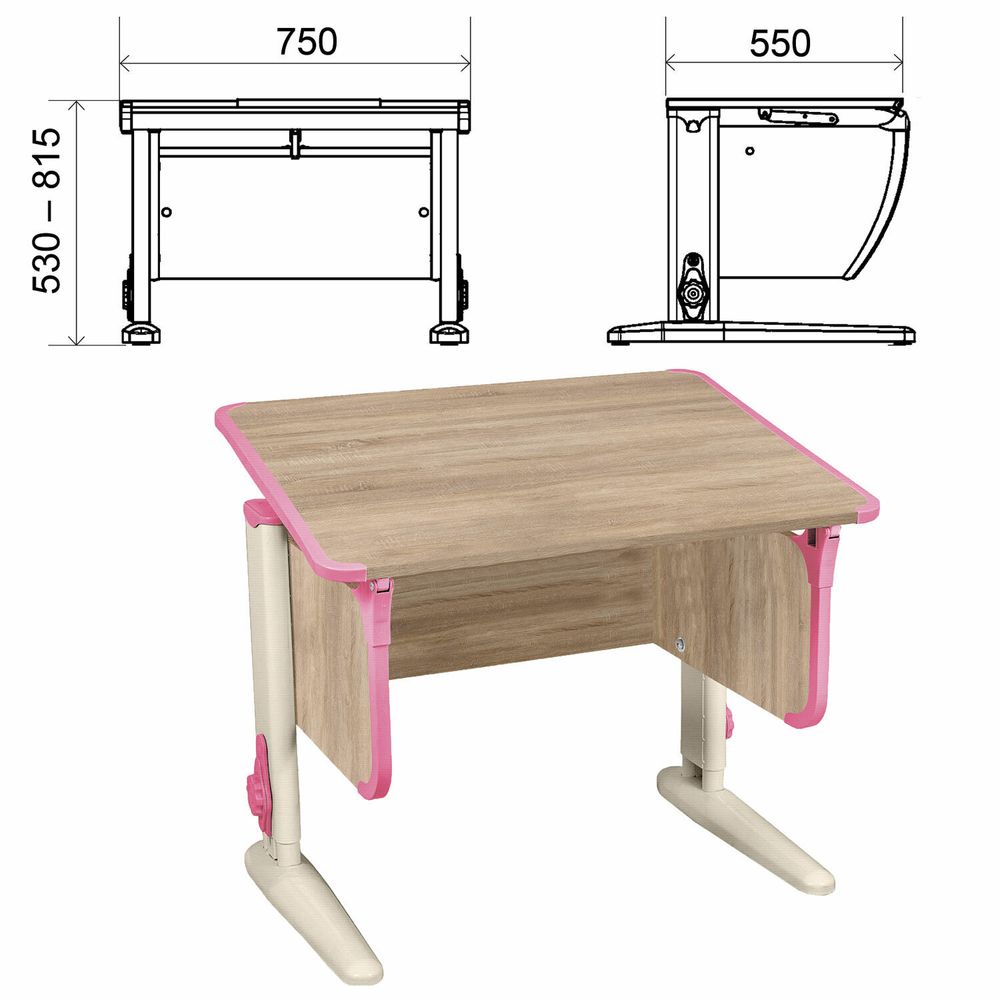Стол-парта регулируемый "ДЭМИ" СУТ.41, 750х550х530-815 мм, бежевый каркас, пластик розовый, дуб сонома (КОМПЛЕКТ)