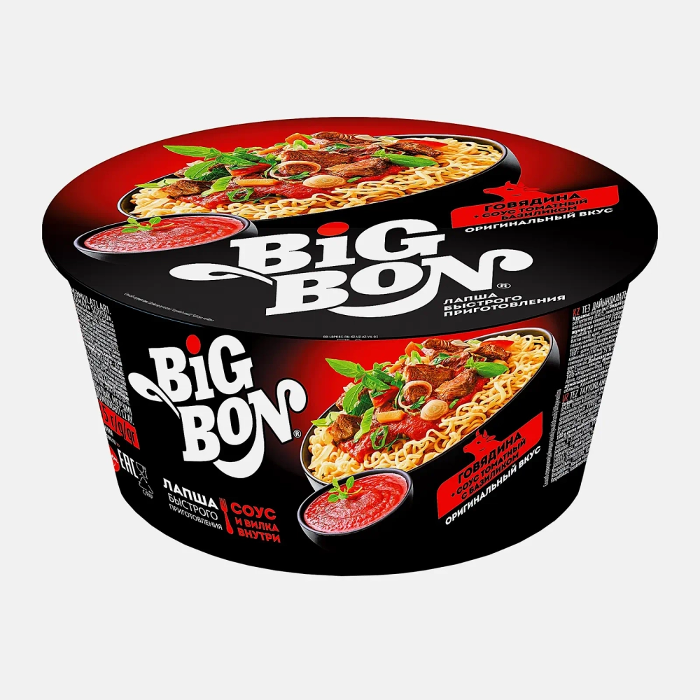 Лапша Big Bon Говядина и соус томатный с базиликом 85г