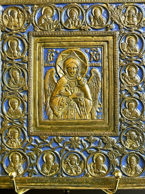 Икона менднолитая 19 век "Спас Благое молчание" в эмалях с 18 медальонами на полях с изображениями Вседержителя, Богоматери, Иоанна Предтечи и избранных святых. 14,5 х 12.5 см