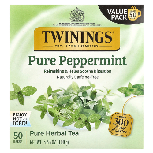 Twinings, Pure Herbal Tea, чистая перечная мята, без кофеина, 50 чайных пакетиков, 100 г (3,53 унции)