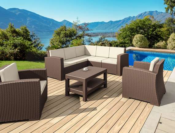 Диван пластиковый плетеный угловой с подушками Monaco Lounge Corner, коричневый