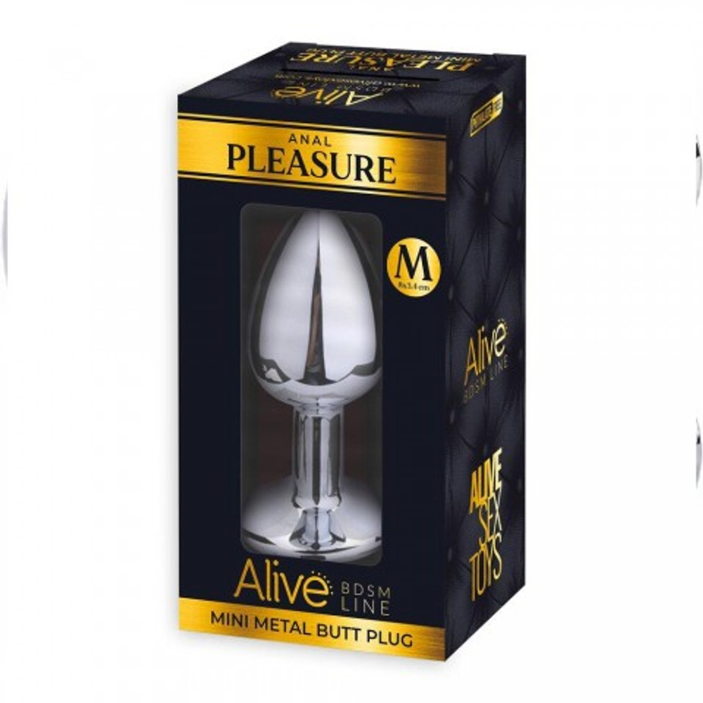 Маленькая металлическая анальная пробка Anal Pleasure от Alive (M: 8*3,4 см.) синий кристалл