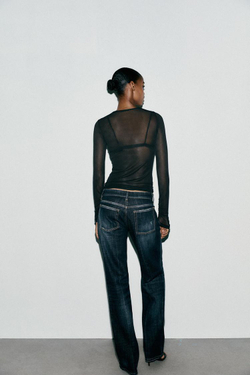 ZARA ПОЛУПРОЗРАЧНАЯ ФУТБОЛКА СО СБОРКАМИ, ЧЕРНЫЙ