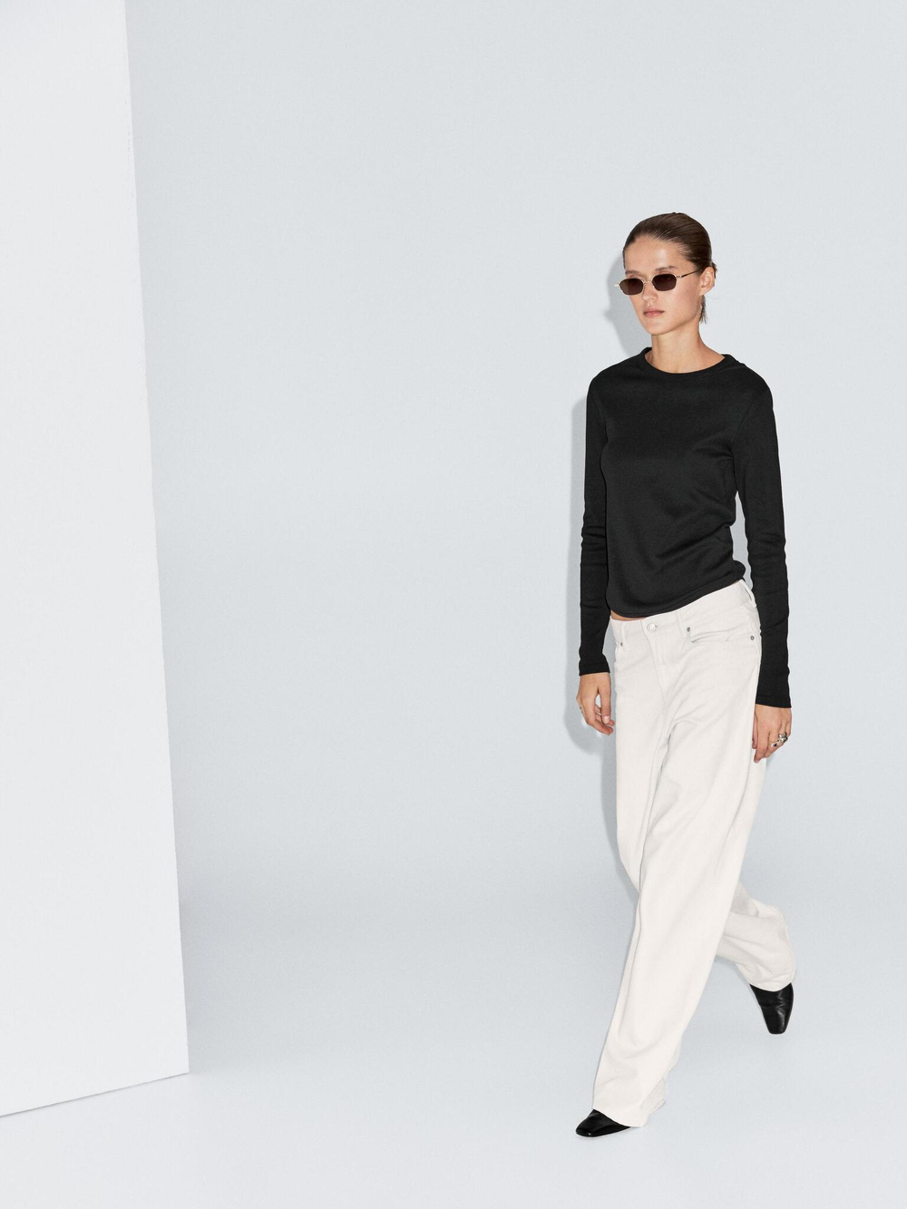 Massimo Dutti Футболка с закругленными краями и длинными рукавами, черный