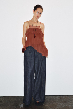 ZARA ПЛИССИРОВАННЫЙ ТОП С ВОЛАНОМ, ЦВЕТ ЖЖЕНОГО АПЕЛЬСИНА