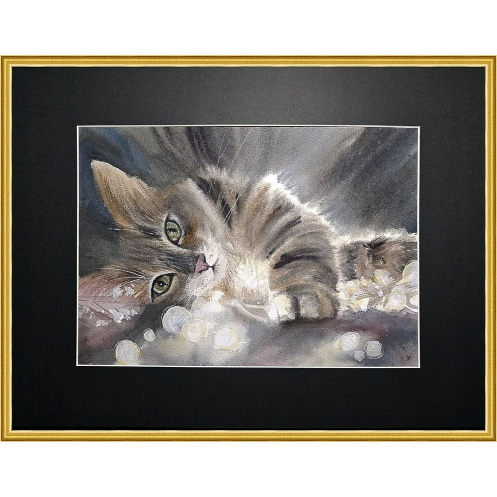 Картина авторская акварельная в паспарту 30х40 см на стену для интерьера "Кисюня"