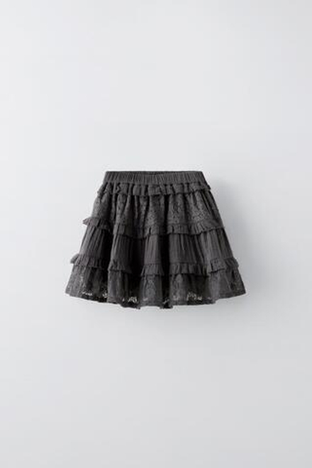 ZARA КРУЖЕВНАЯ ЮБКА С ВОЛАНАМИ, АНТРАЦИТОВО-СЕРЫЙ