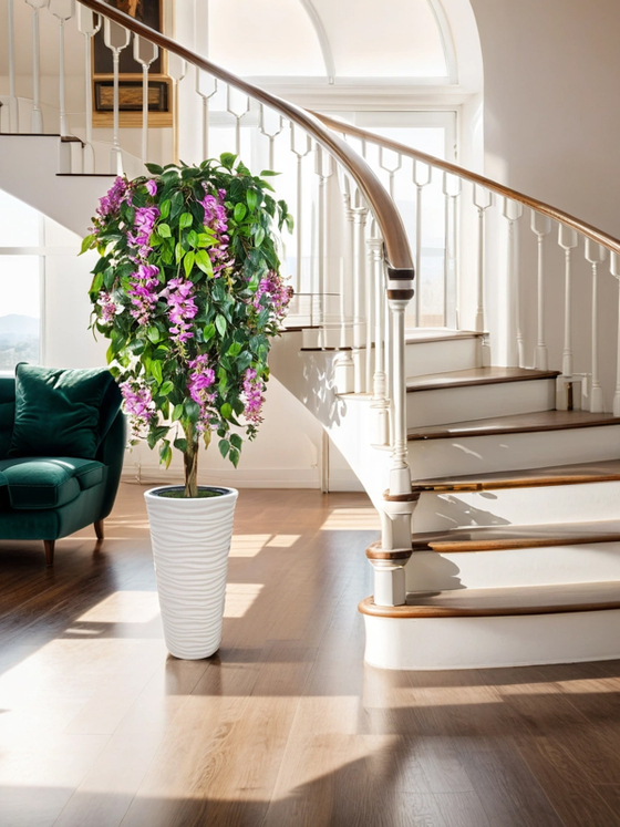 Искусственное дерево Акация лиловая 170см в высоком круглом белом кашпо