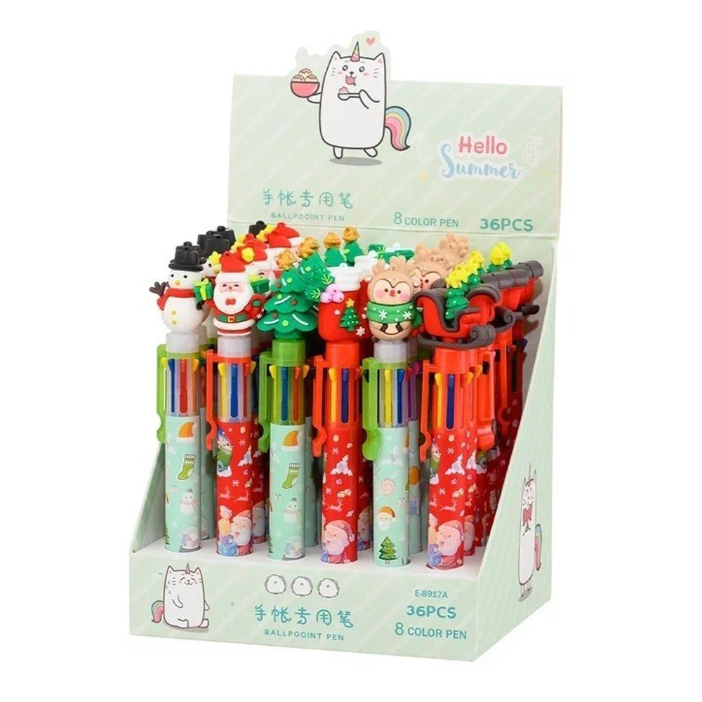 Ручка шариковая, автоматическая, 8в1, Basir, 8-ти цветная, серия "Новогодние", с резиновой фигуркой, 36 шт