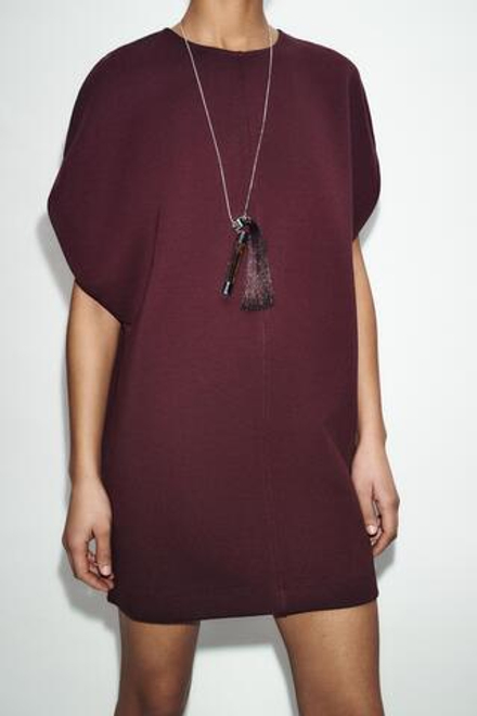 ZARA КОРОТКОЕ ПЛАТЬЕ ИЗ ИНТЕРЛОКА, ВИННЫЙ