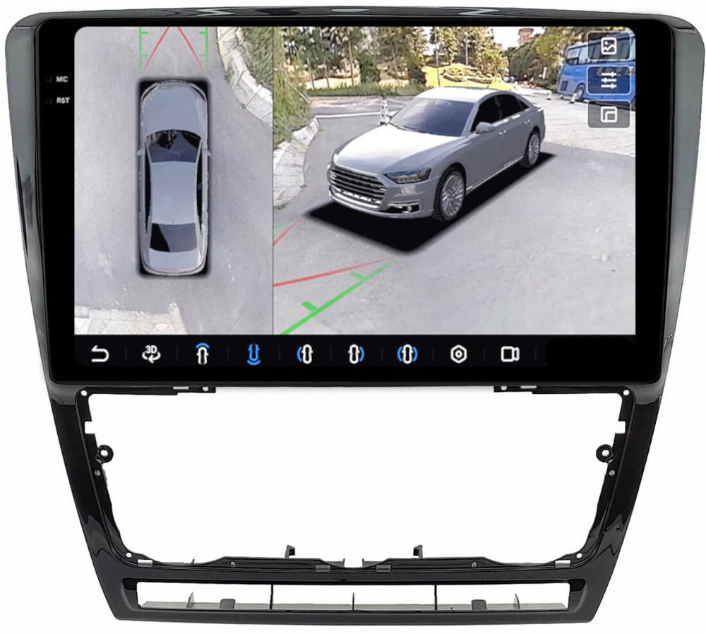 Магнитола для Skoda Octavia A5 2004-2013 (рамка черная глянцевая) - FarCar BX005M-360 монитор 10.36" 2K QLED на Android 13, 6Гб+128Гб, CarPlay, 4G SIM-слот, 4 камеры в комплекте