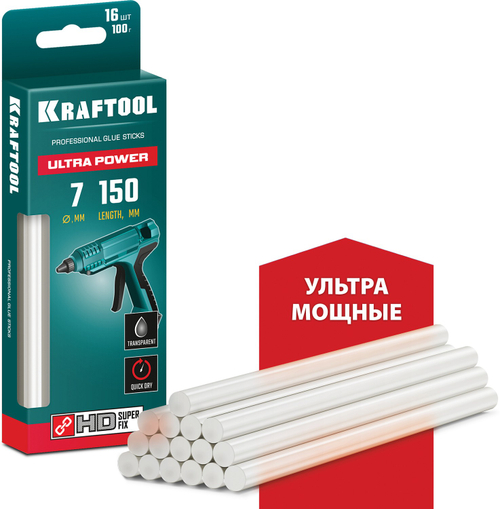 KRAFTOOL Ultra Power, 7 х 150 мм, 16 шт, прозрачные, ультрамощные клеевые стержни (06837-16)