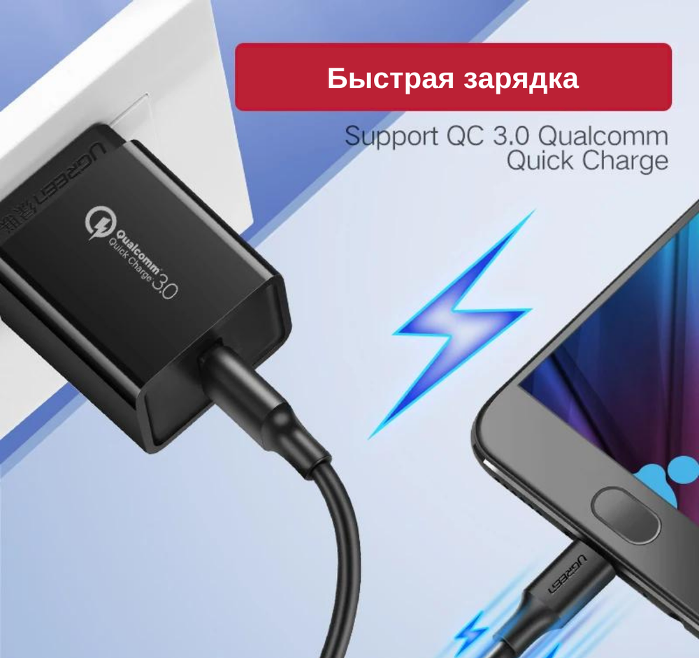 Кабель USB 2.0 - micro USB, 480Mbps, 2A, QC3.0, 18W, 3m UGREEN 60827