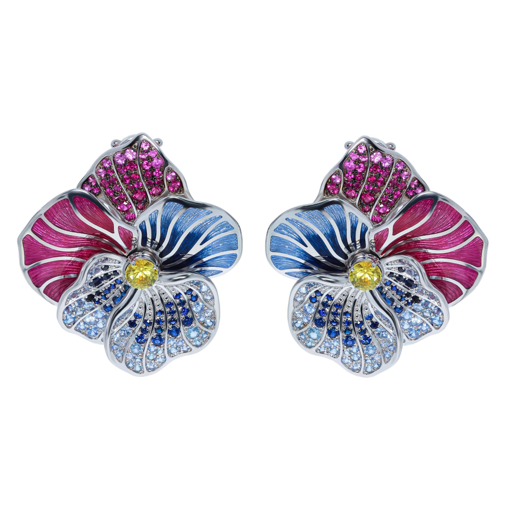 Серьги Фиалки с Сапфирами, Эмаль, E0275-41/6