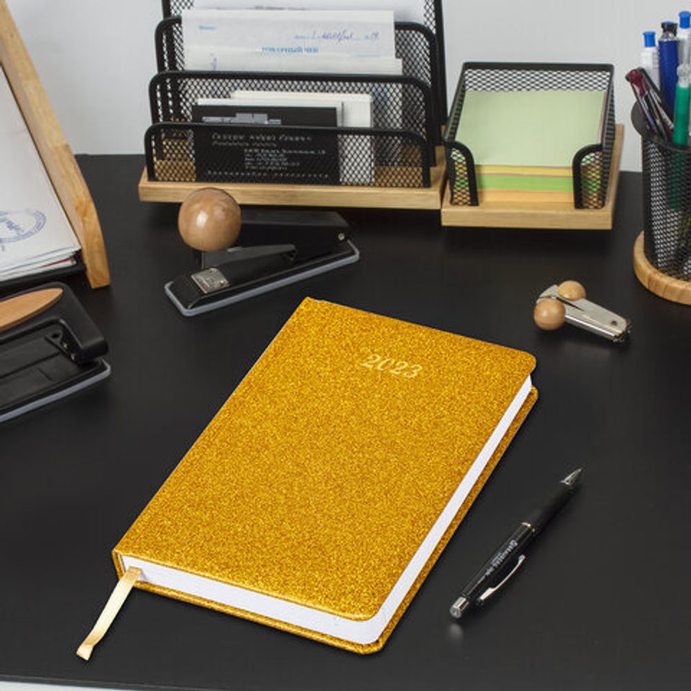 Ежедневник датированный 2023 А5 138x213 мм BRAUBERG "Sparkle", под кожу, блестки, золотистый, 114110
