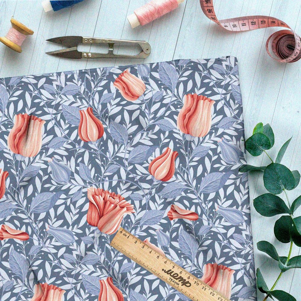 Ткань барби мелкие пастельные бутоны роз на голубом фоне