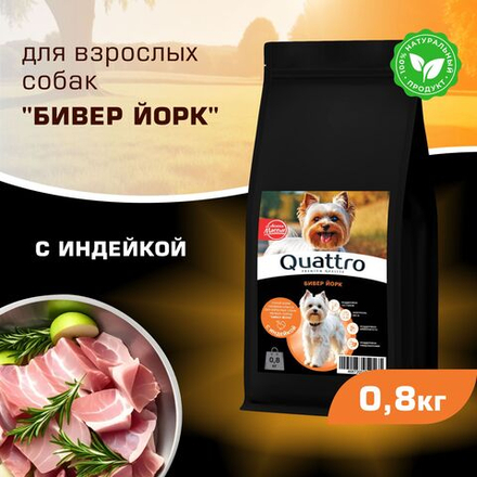 Корм сухой для взрослых собак породы Бивер Йорк, с индейкой, 800 гр, QUATTRO