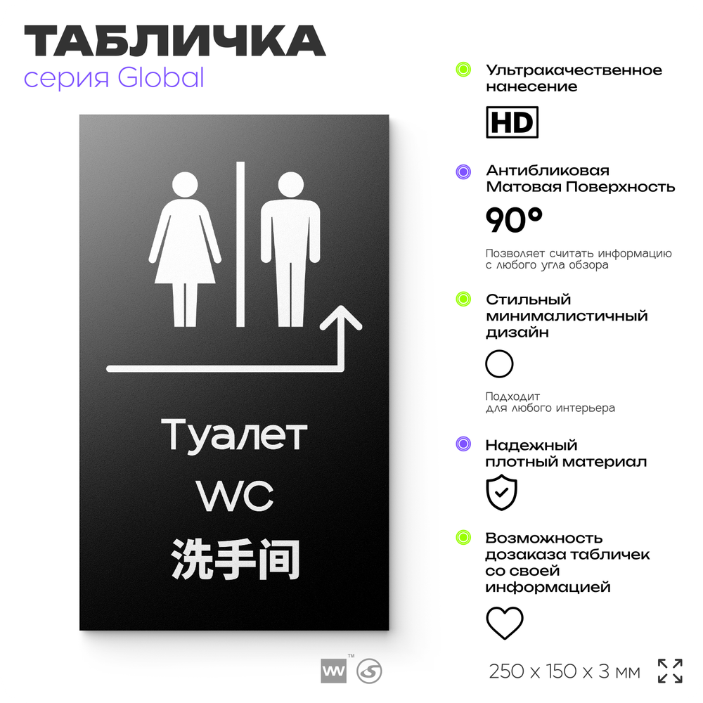 Табличка "Туалет направо и налево", на дверь и стену, информационная и мультиязычная (русский, английский, китайский), серия GLOBAL, 25х15 см, Айдентика Технолоджи