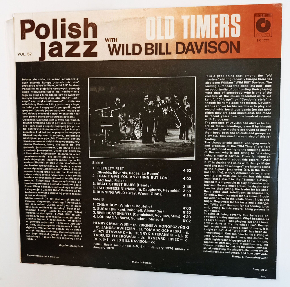 Винтажная виниловая пластинка LP Old Timers With Wild Bill Davison (Польша 1979)
