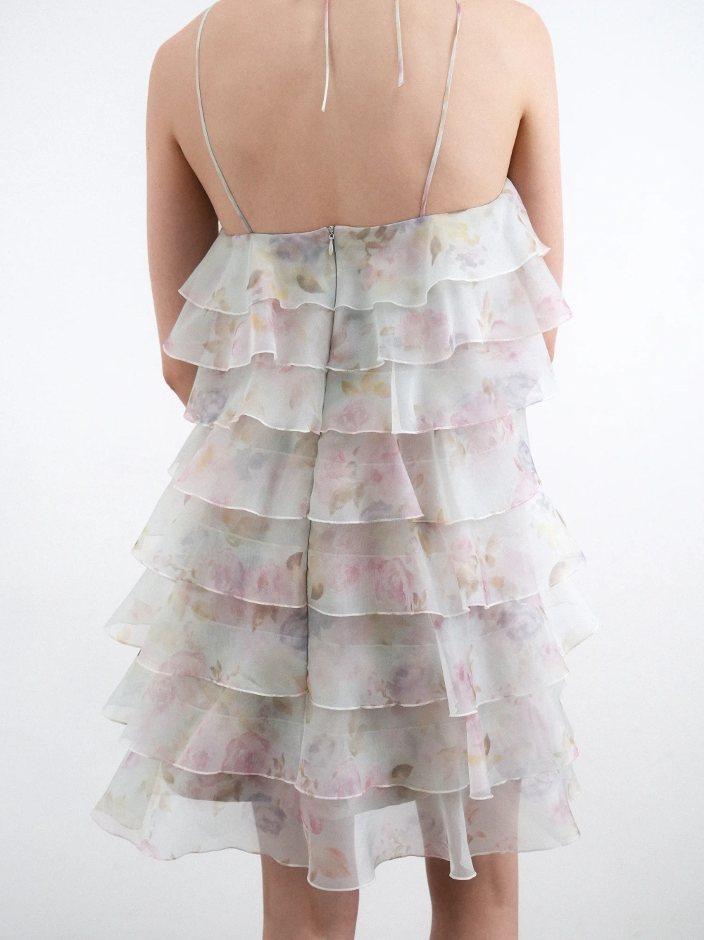 Далия мини (Dahlia mini), платье мини из голубой органзы с цветочным принтом 