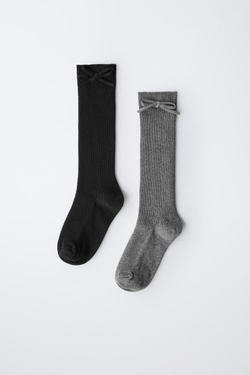 ZARA НАБОР ИЗ ДВУХ ПАР ВЫСОКИХ НОСКОВ С БАНТОМ, ЧЕРНЫЙ