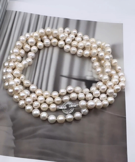Нить 160 см белого жемчуга Swarovski диаметром 1 см с серебряной застежкой из цирконов