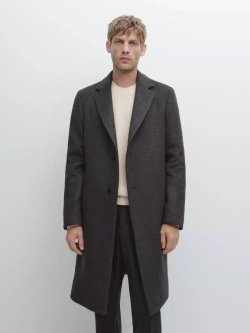 Massimo Dutti Длинное пальто из 100% шерсти с лацканами, маренго