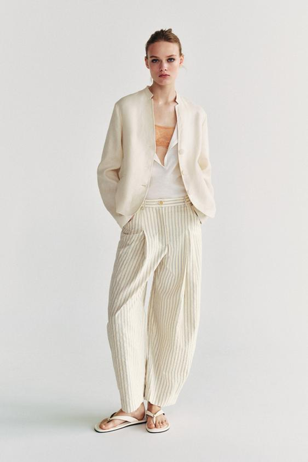ZARA БРЮКИ БАРРЕЛЬ В ПОЛОСКУ — ZW COLLECTION, ЭКРЮ